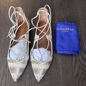 Aquazzura Christy Sequined Lace-Up Pointed-Toe Flat, Beige Size 37.5